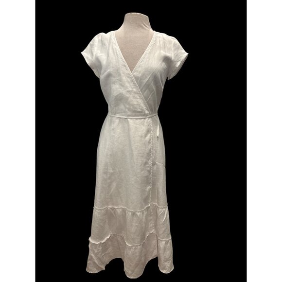 Elan White Linen Wrap Maxi Dress Boho Tiered Ruffle Beach Cottagecore M - Picture 2 of 11